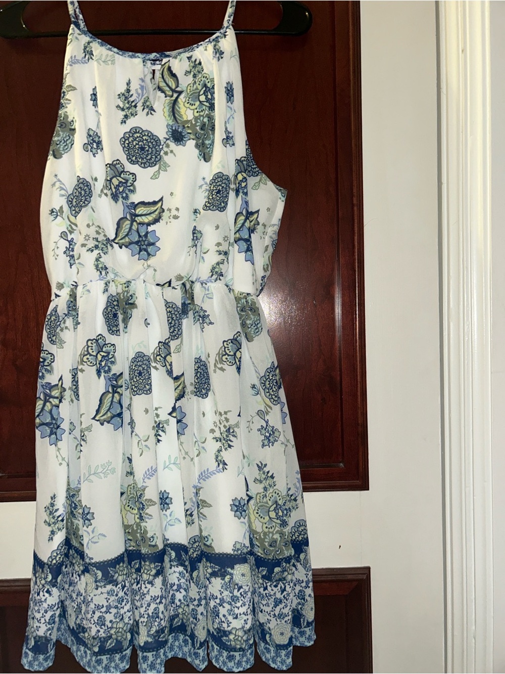 Blue Rain tank dress size L gathered waist lined beach blue white cottagecore